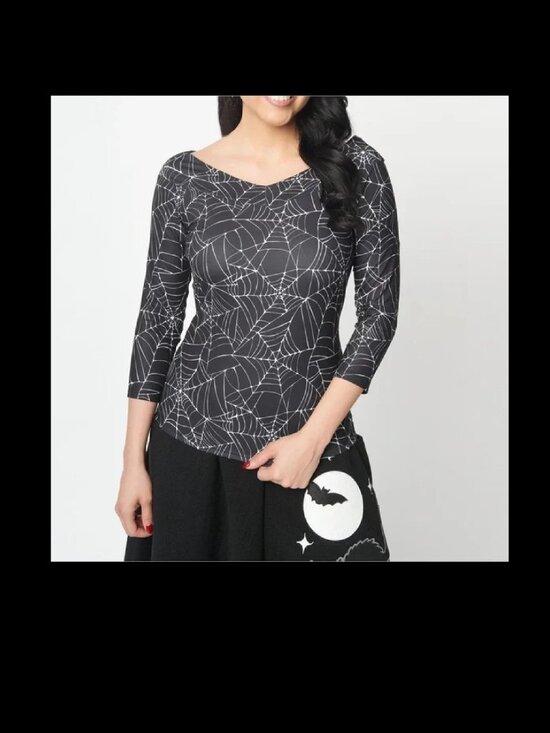 Unique Vintage Tops - Unique Vintage Black Top with White Spiderweb Print